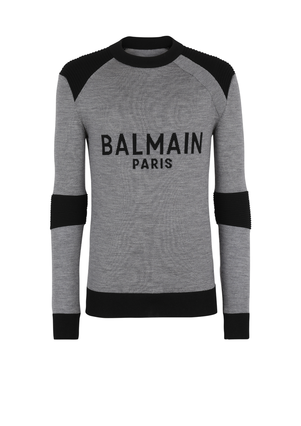 Balmain Paris 로고 디테일 울 스웨터, 회색, hi-res