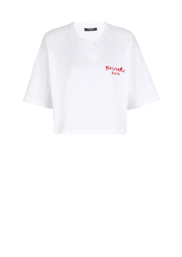 플로킹 가공 Balmain 그래피티 스몰 로고 디테일 코튼 크롭 티셔츠