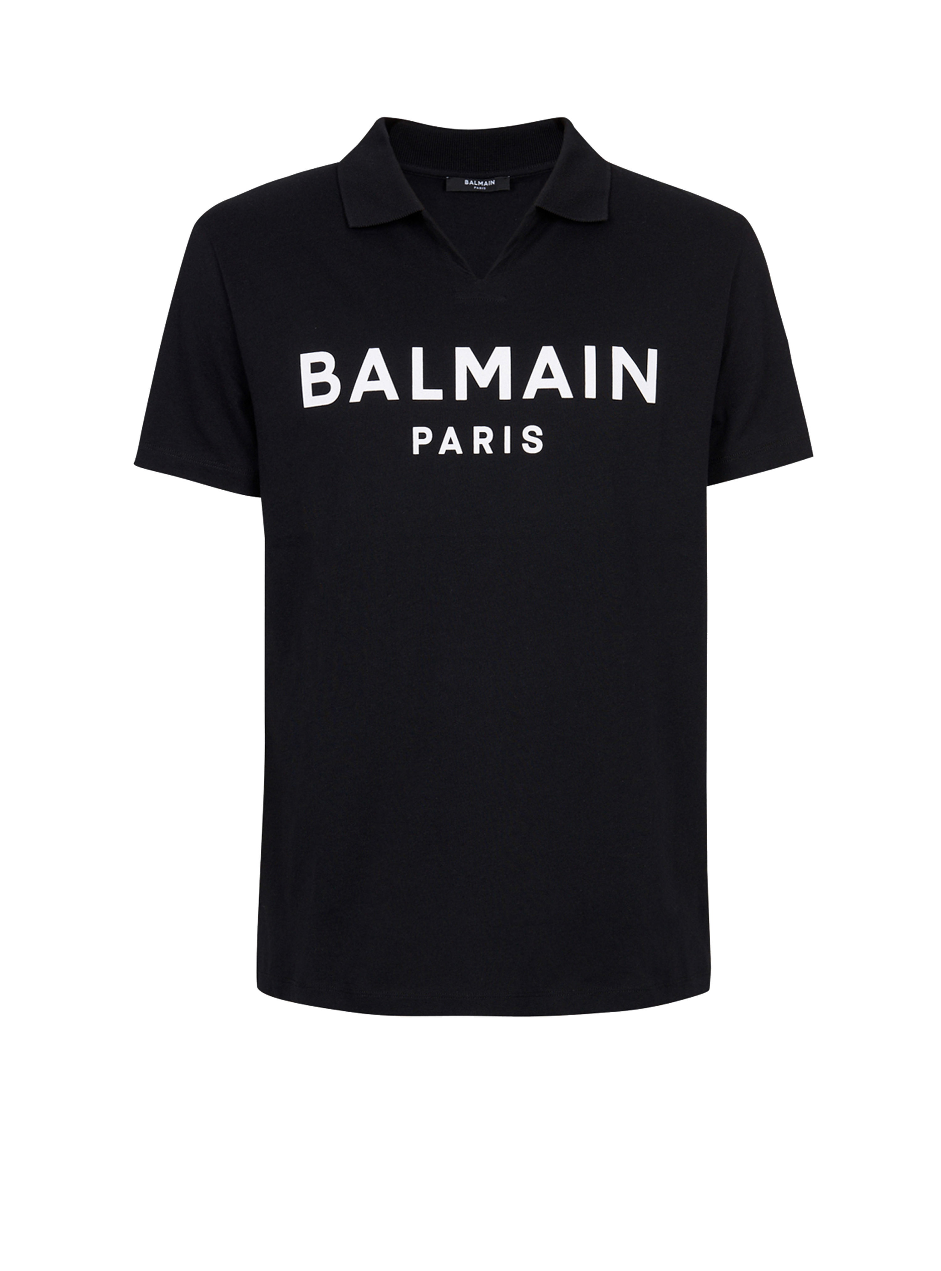 블랙 Balmain 로고 프린트 디테일 코튼 폴로 셔츠, 검정색