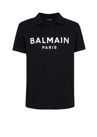 블랙 Balmain 로고 프린트 디테일 코튼 폴로 셔츠