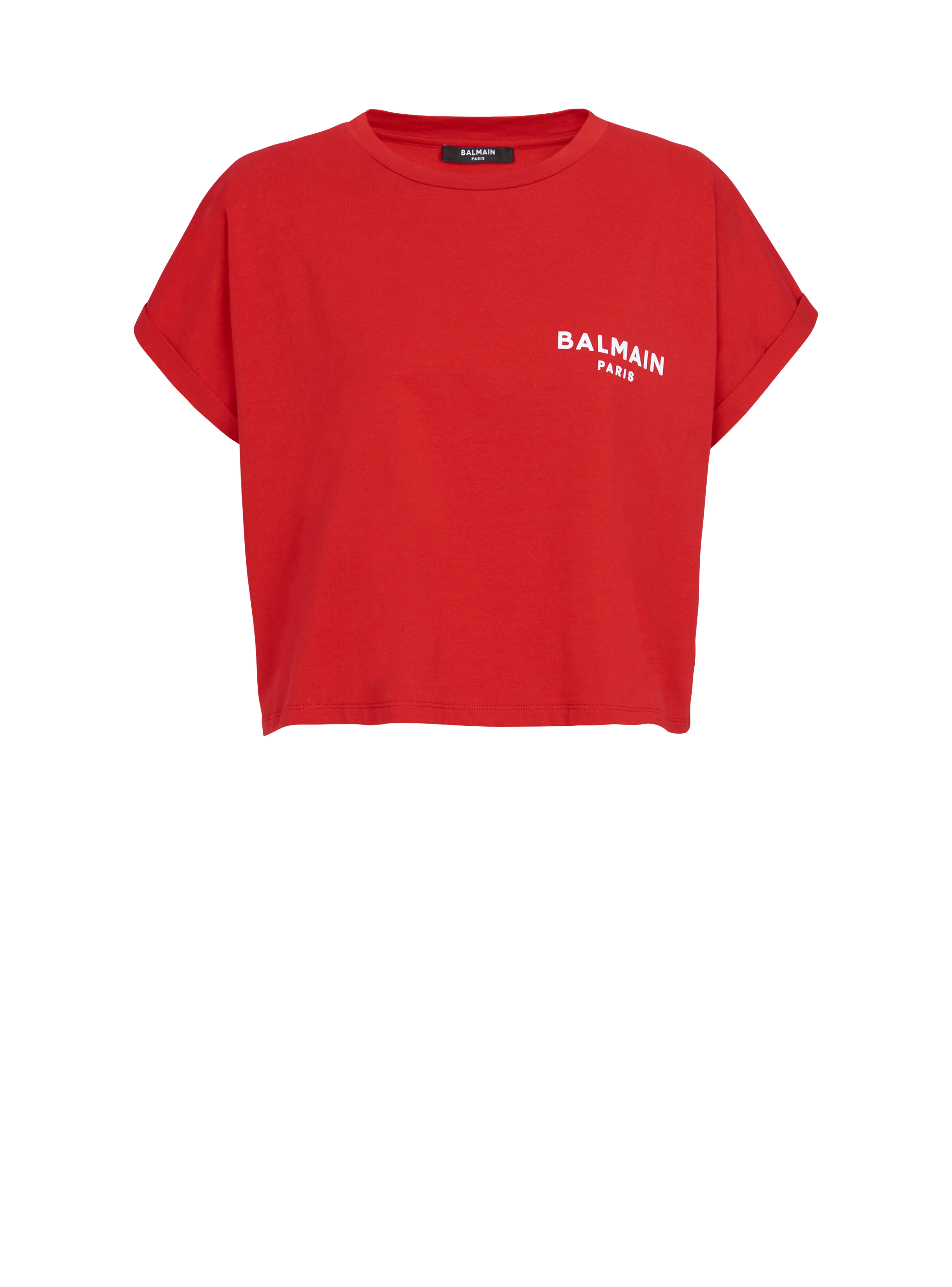 플로킹 가공 Balmain 스몰 로고 디테일 코튼 크롭 티셔츠, 빨간색