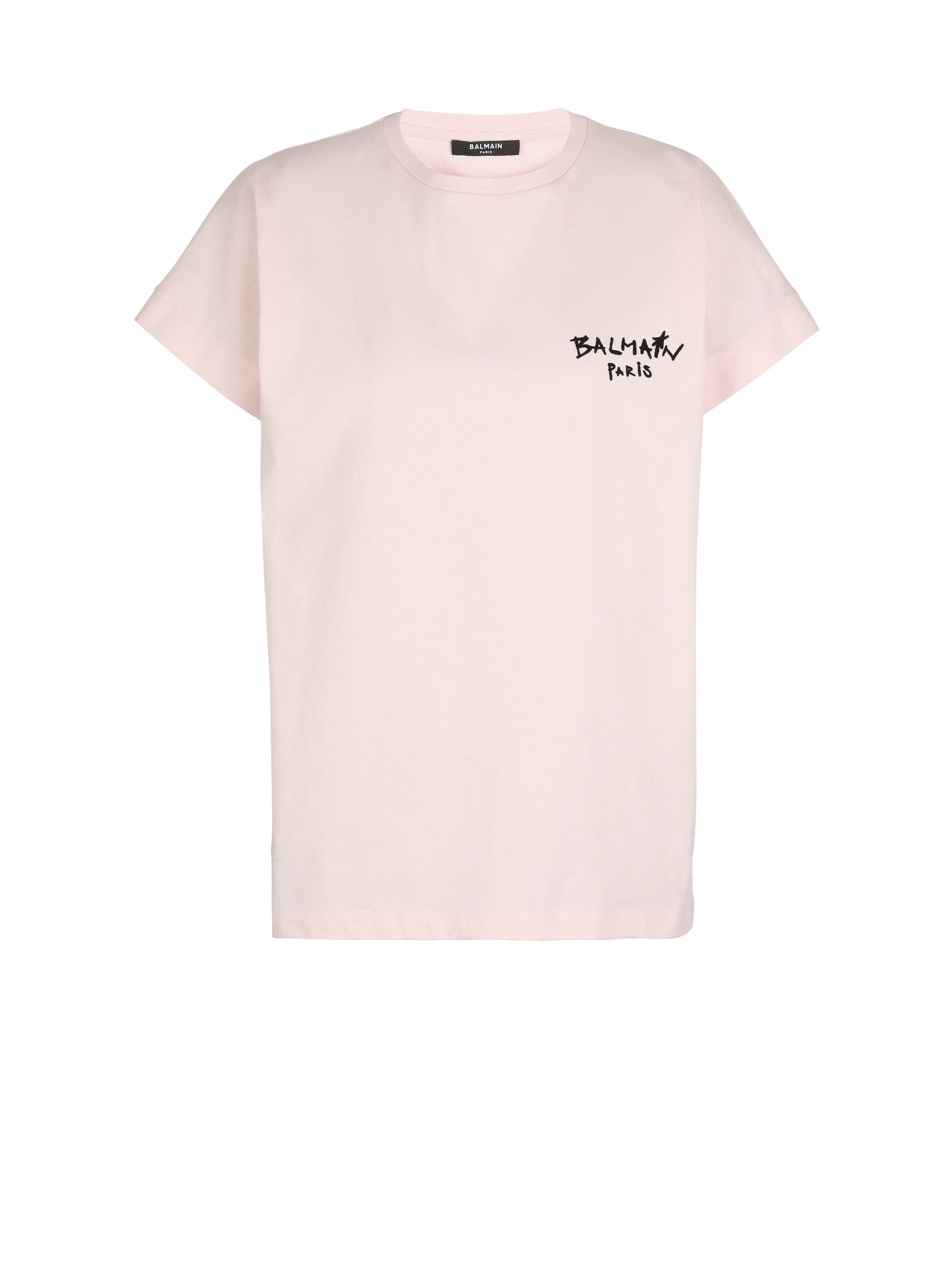 플로킹 가공 Balmain 그래피티 스몰 로고 디테일 코튼 티셔츠, 핑크색