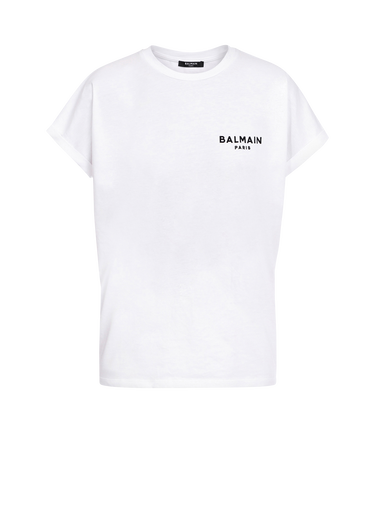 화이트 플로킹 가공 스몰 Balmain 로고 디테일 에코 디자인 코튼 티셔츠