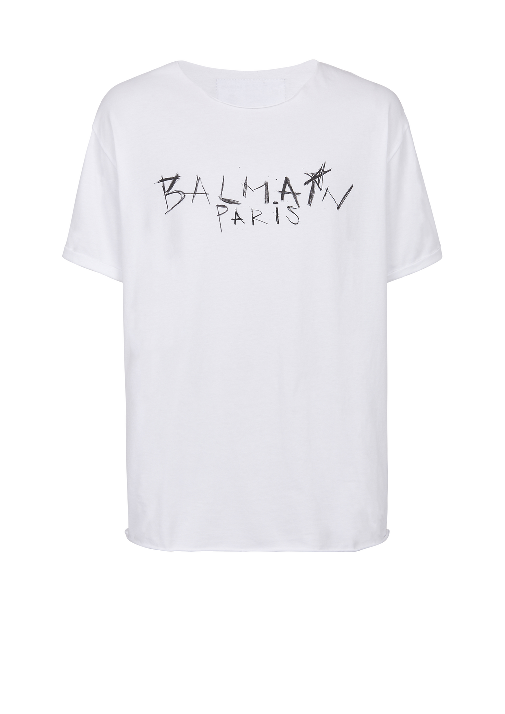 Balmain Paris 그래피티 로고 프린트 디테일 코튼 티셔츠, 흰색, hi-res