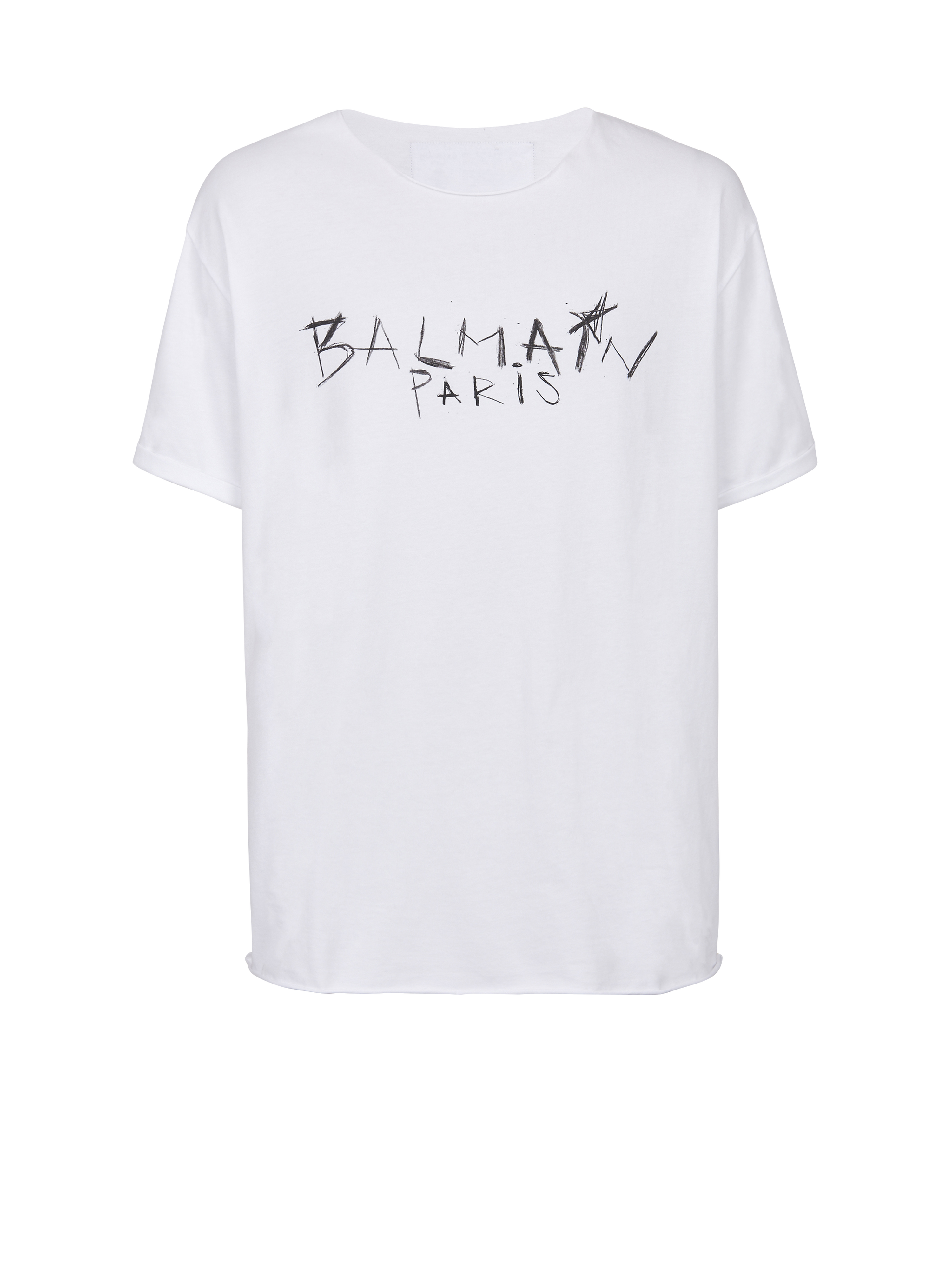 Balmain Paris 그래피티 로고 프린트 디테일 코튼 티셔츠, 흰색