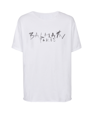 Balmain Paris 그래피티 로고 프린트 디테일 코튼 티셔츠