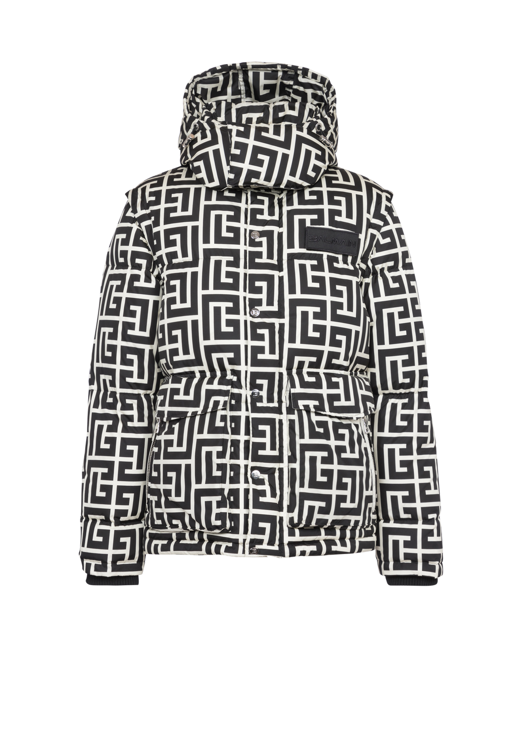 맥시 Balmain 모노그램 디테일 투인원 나일론 퀼팅 재킷, 검정색, hi-res