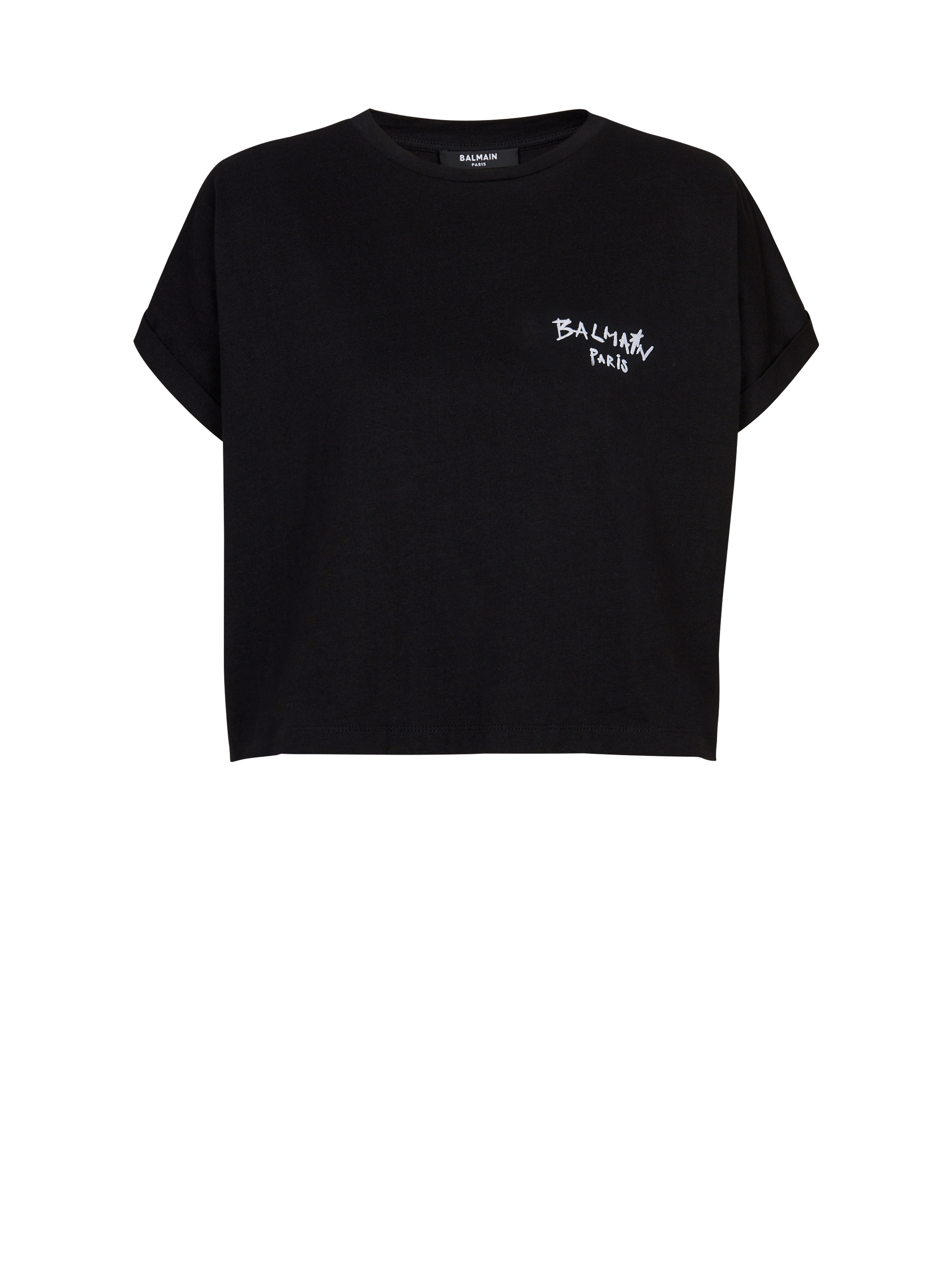 플로킹 가공 Balmain 그래피티 스몰 로고 디테일 코튼 크롭 티셔츠, 검정색