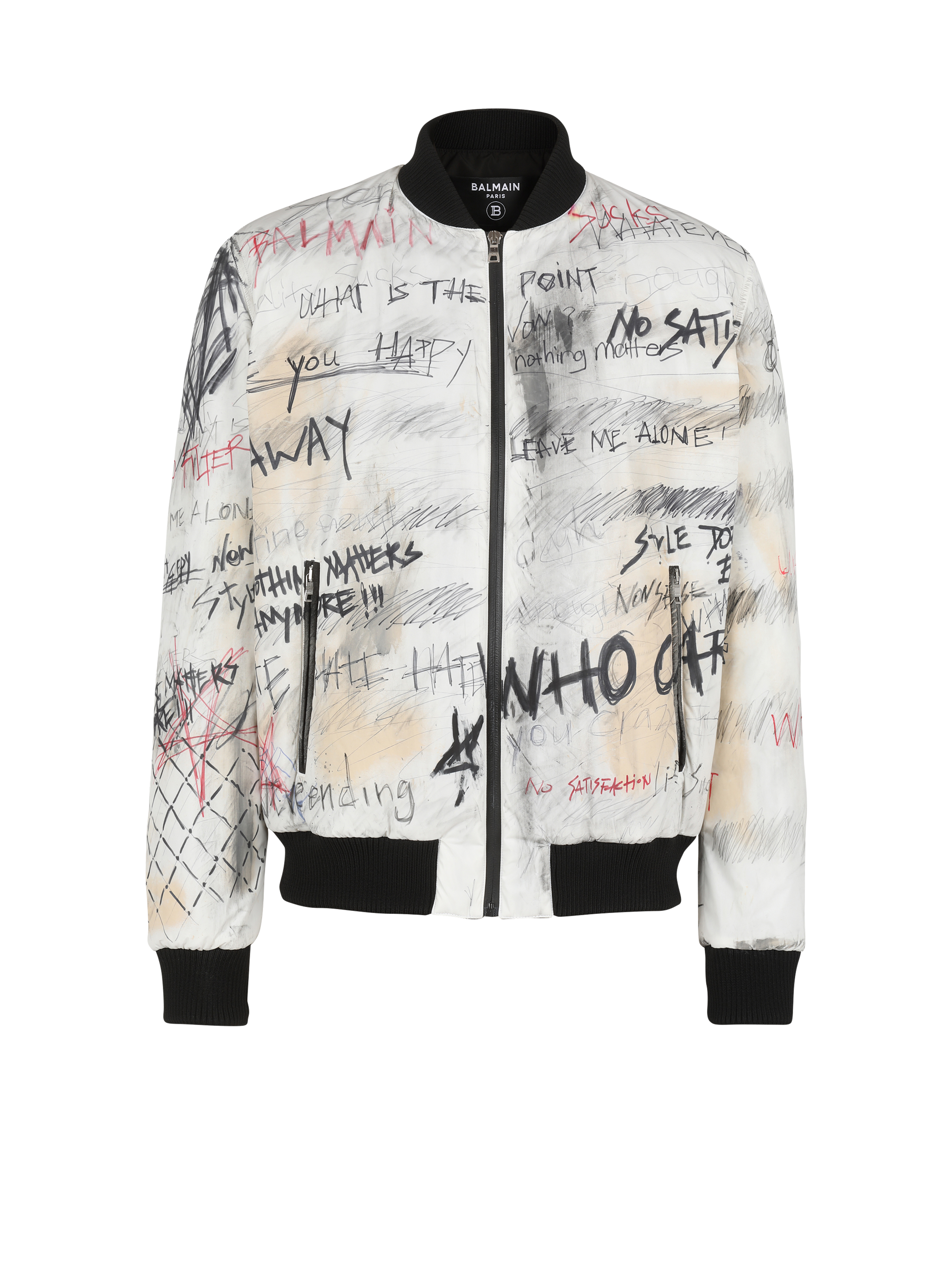 유니섹스 - 그래피티 프린트 디테일 나일론 보머 재킷, 흰색