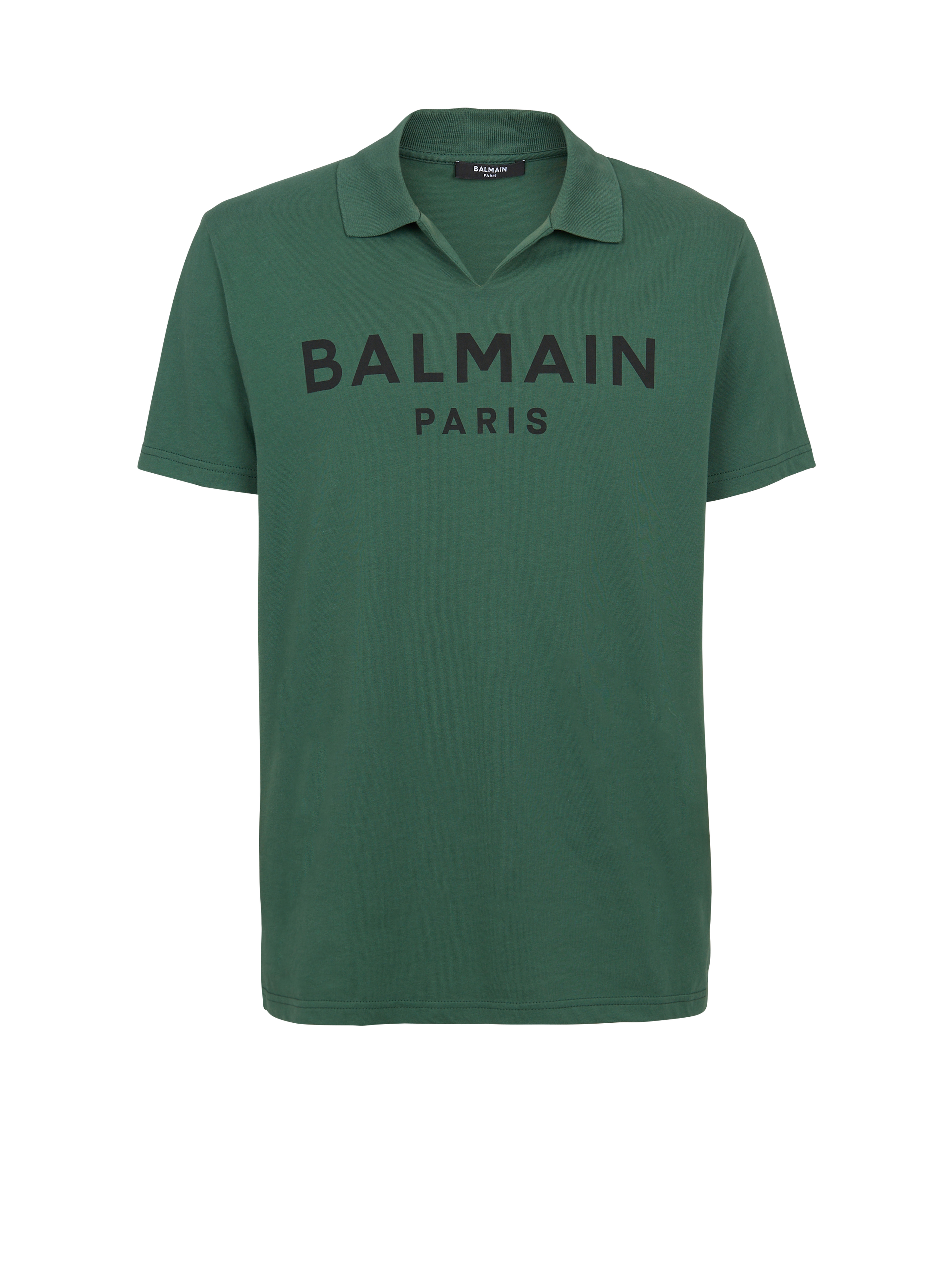 블랙 Balmain 로고 프린트 디테일 코튼 폴로 셔츠, 녹색