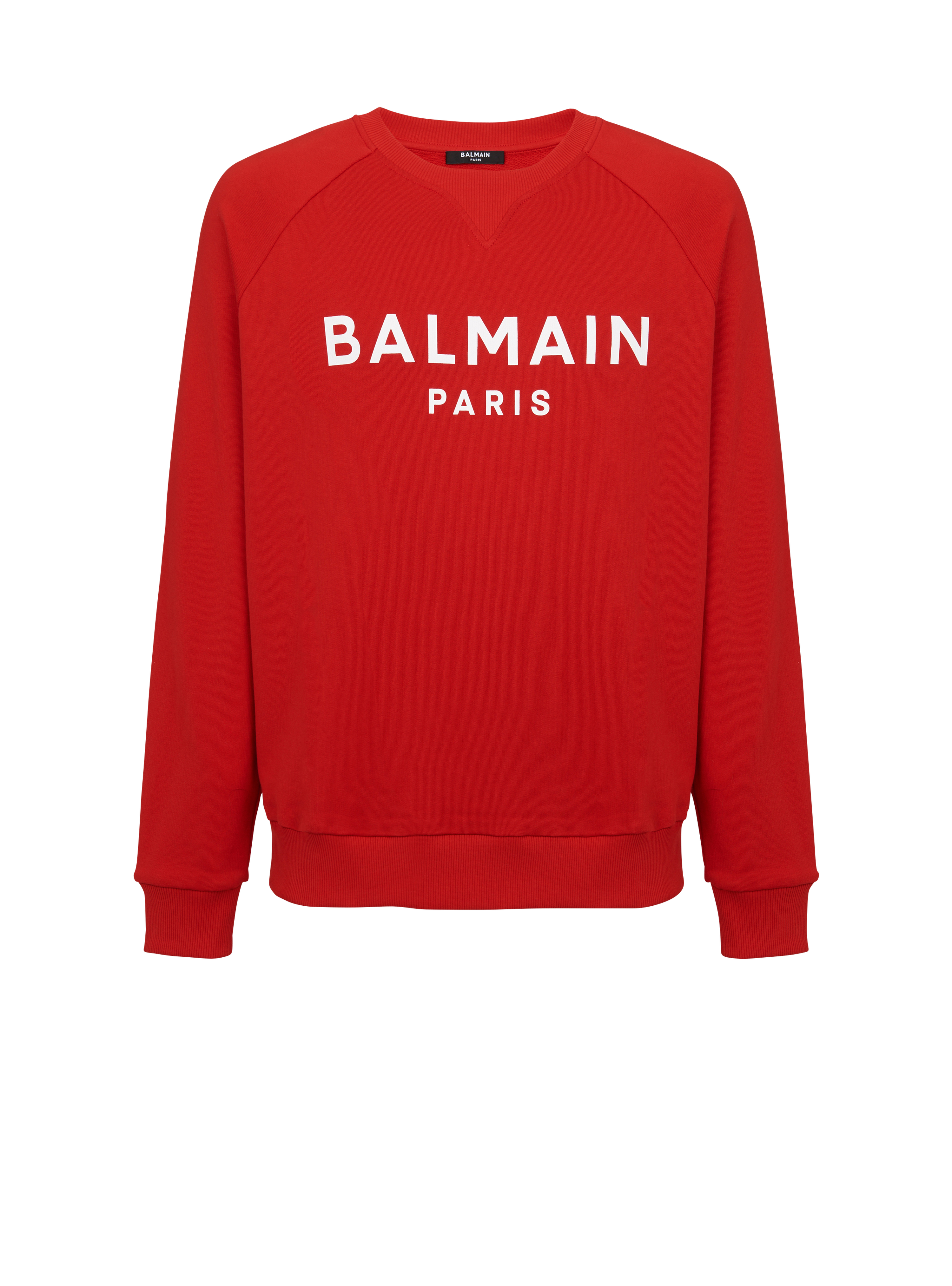 플로킹 가공 Balmain Paris 로고 디테일 코튼 스웻셔츠, 빨간색