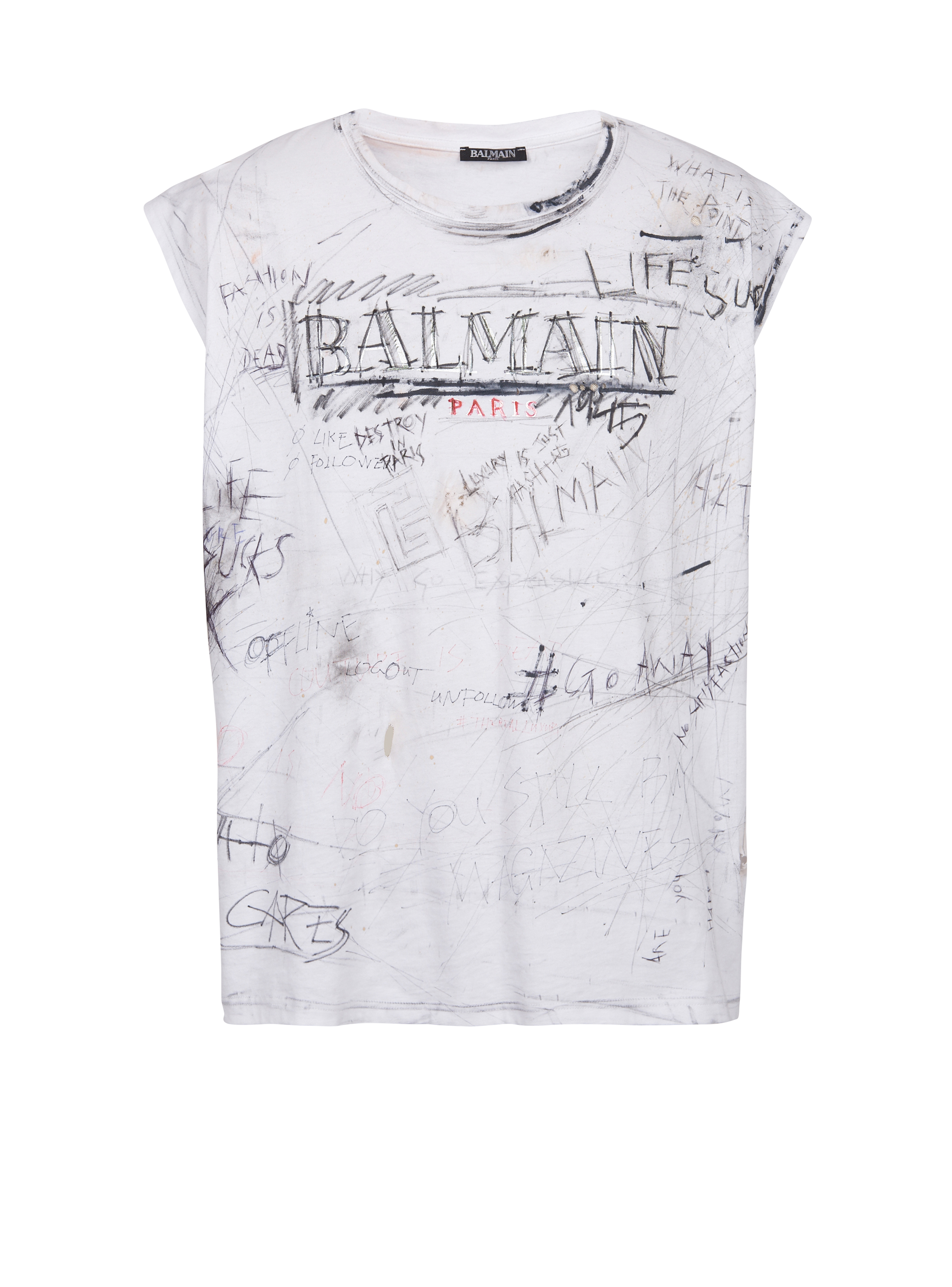 유니섹스 - Balmain 로고 프린트 그래피티 디테일 빈티지 티셔츠, 흰색