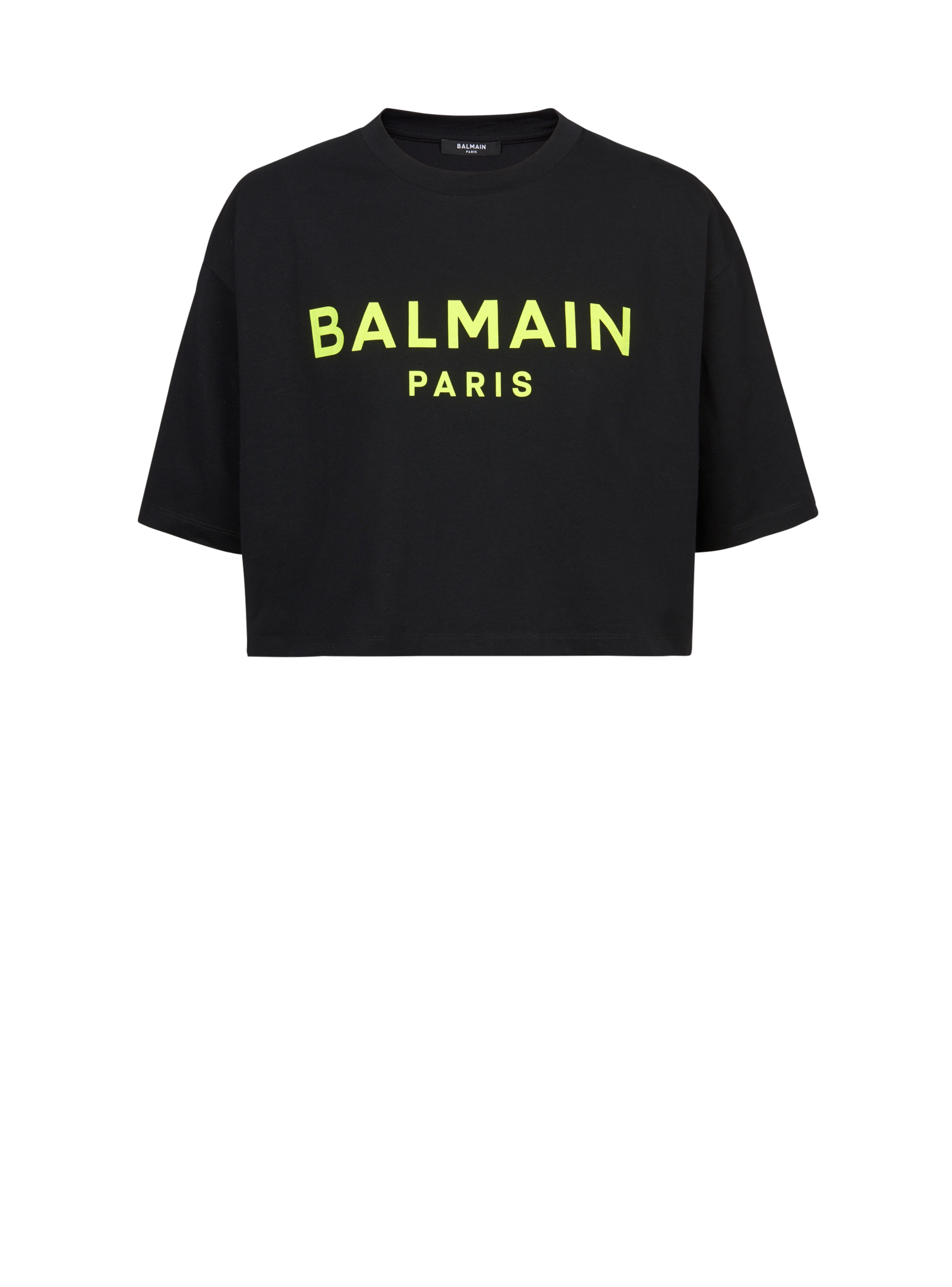 Balmain 로고 프린트 디테일 크롭 코튼 티셔츠, 노란색