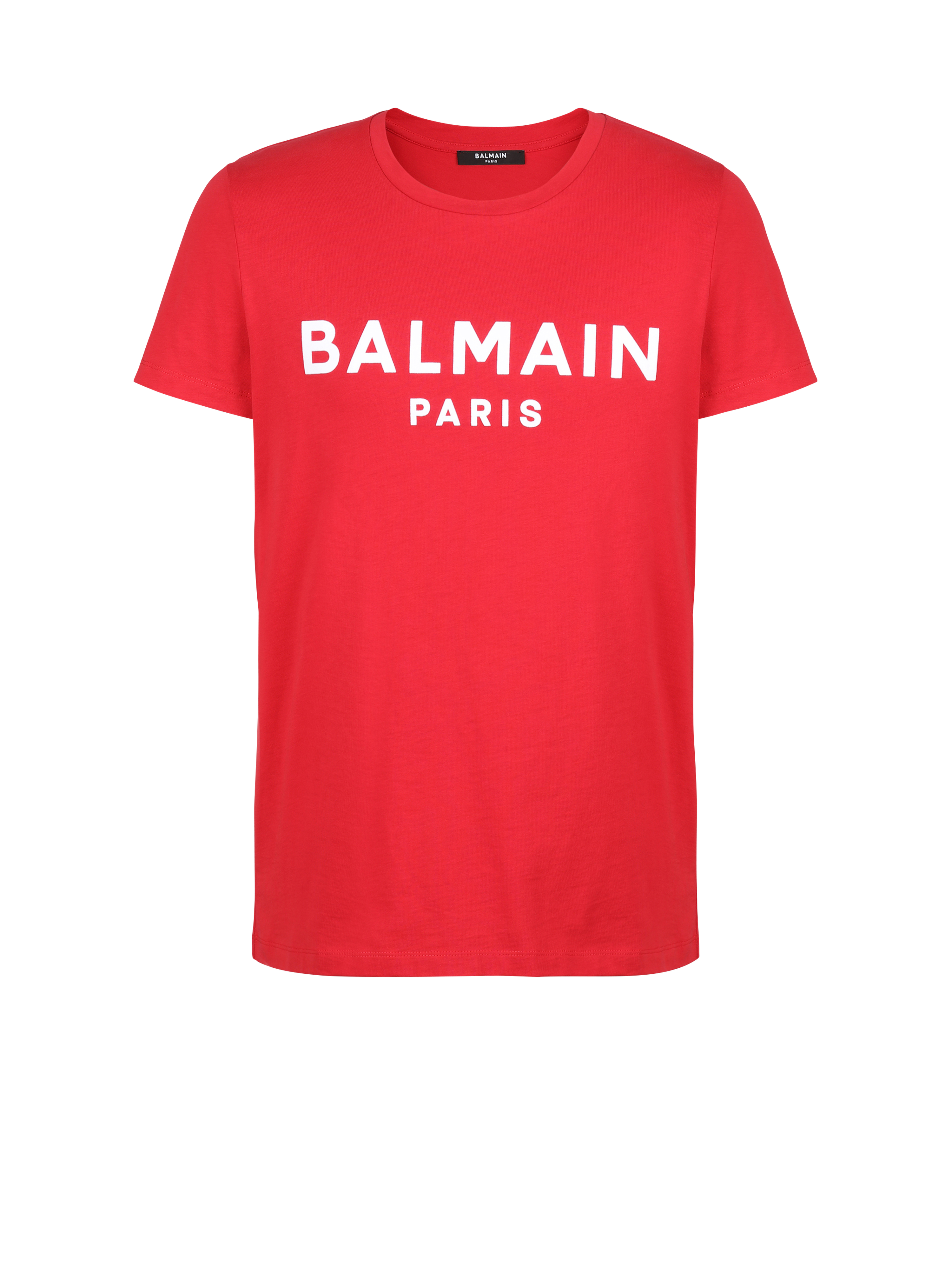 플로킹 가공 Balmain Paris 로고 디테일 코튼 티셔츠, 빨간색
