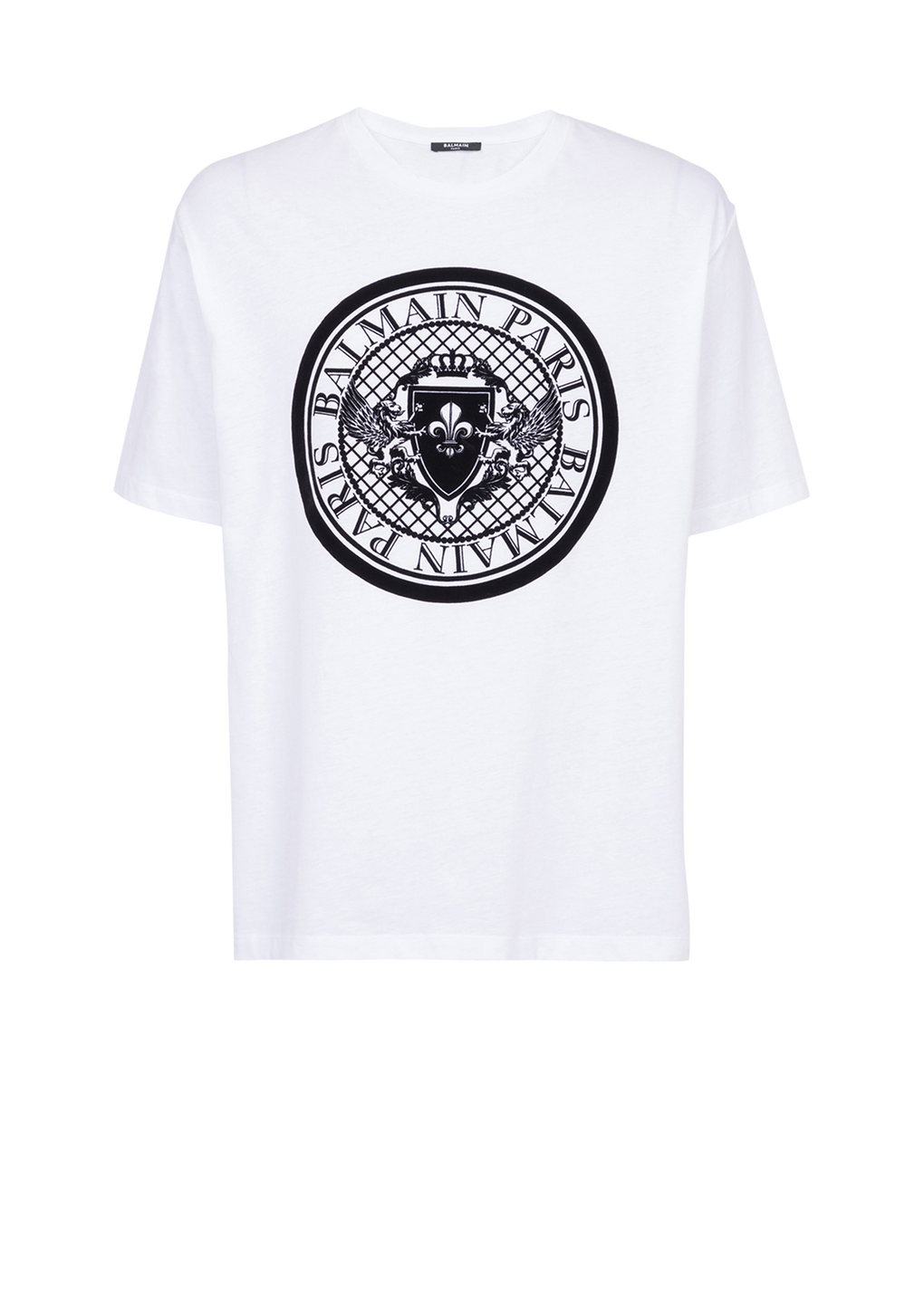 Balmain 플로킹 가공 로고 디테일 코튼 티셔츠, 흰색, hi-res