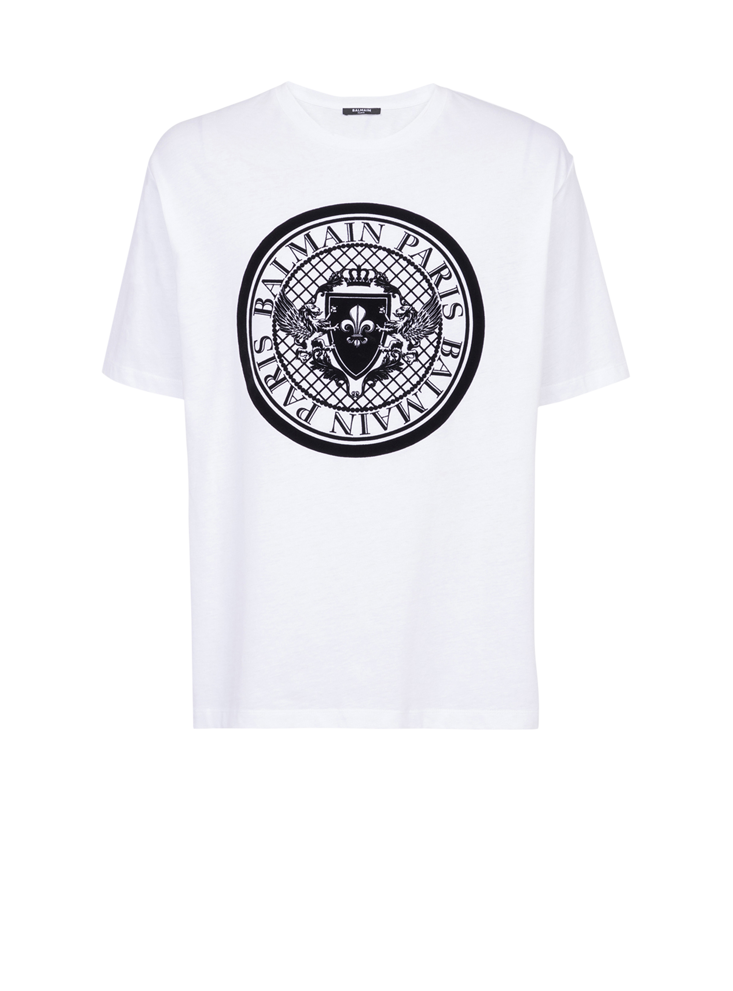 Balmain 플로킹 가공 로고 디테일 코튼 티셔츠, 흰색