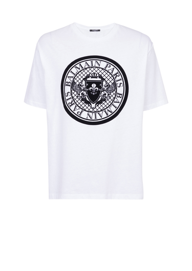 Balmain 플로킹 가공 로고 디테일 코튼 티셔츠
