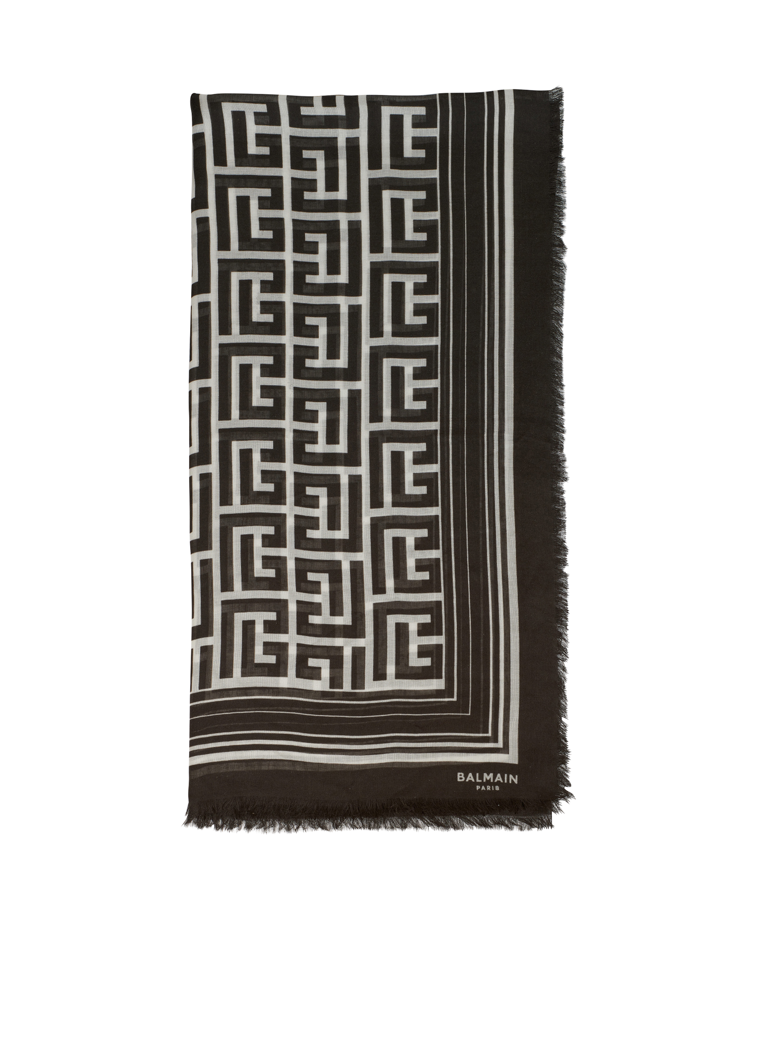Balmain 모노그램 패턴 디테일 모달 스카프, 검정색