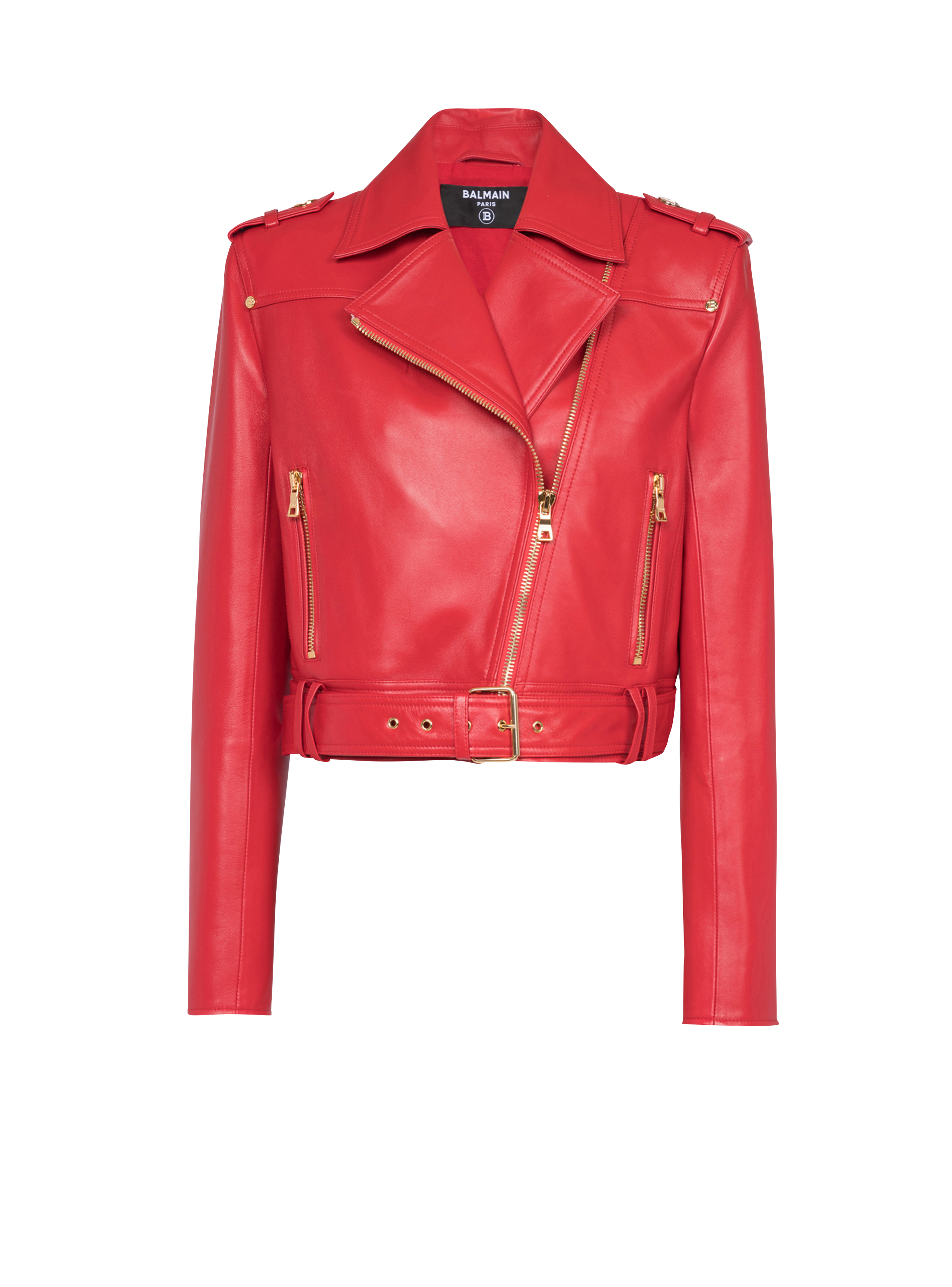 크롭 레더 바이커 재킷, 빨간색
